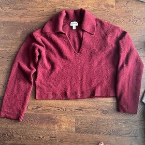 Open Edit Burgundy V-Neck Women's Sweater